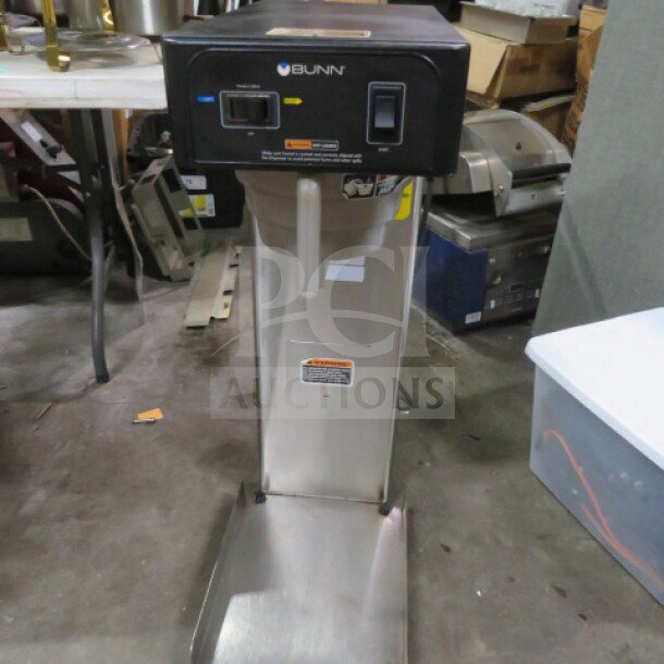 Bunn TB3Q Tea Brewer with filter basket, 120V, 12.5x23x34.5 inches, used condition, control panel, markings visible.