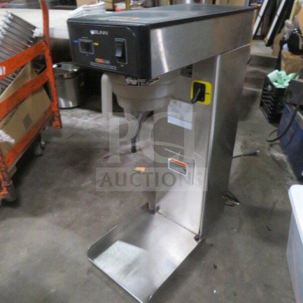 Bunn TB3Q tea brewer with filter basket, stainless steel, 120V, measures 12.5x23x34.5 inches. Model details visible.