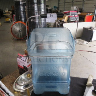 Rubbermaid ice bucket, translucent blue, labeled "ICE ONLY, HIELO SOLO," metal handle, excellent condition.