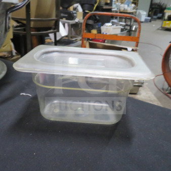 1/9 size, 4-inch deep food storage container with lid, clear plastic, used condition, stackable, model 5XBID.