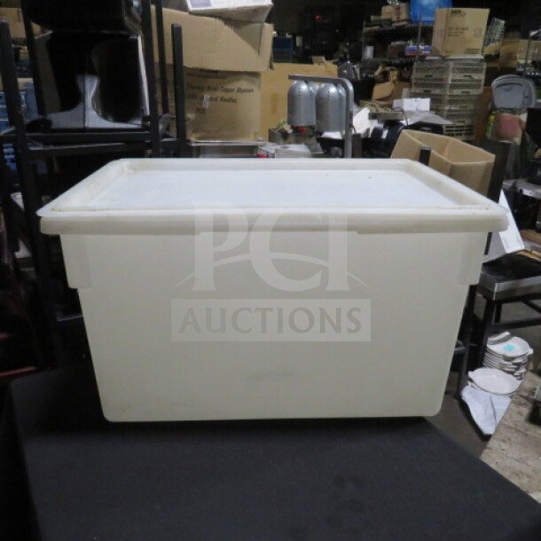 22-gallon white food storage container with lid, durable plastic, good condition, suitable for bulk storage.