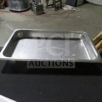 Full-size 2.5-inch deep hotel pan, stainless steel, minor surface wear, ideal for commercial kitchen use.