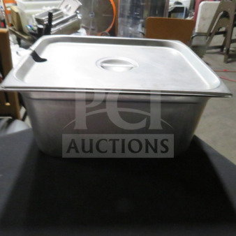 One half-size 6-inch deep hotel pan with lid, stainless steel, used condition, ideal for catering or kitchen use.
