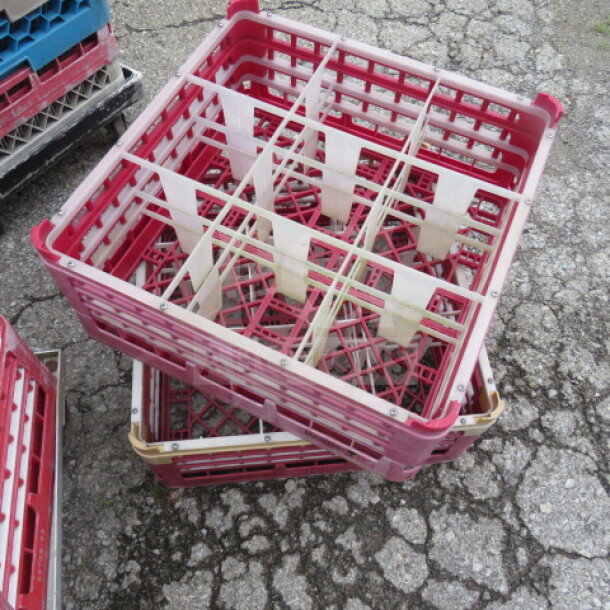 Red 9-hole dishwasher rack, 2XBID model, in good condition, features sturdy plastic construction with white dividers.