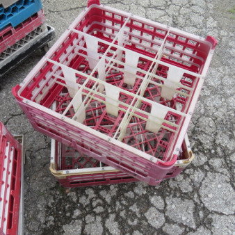 Red 9-hole dishwasher rack, 2XBID model, in good condition, features sturdy plastic construction with white dividers.