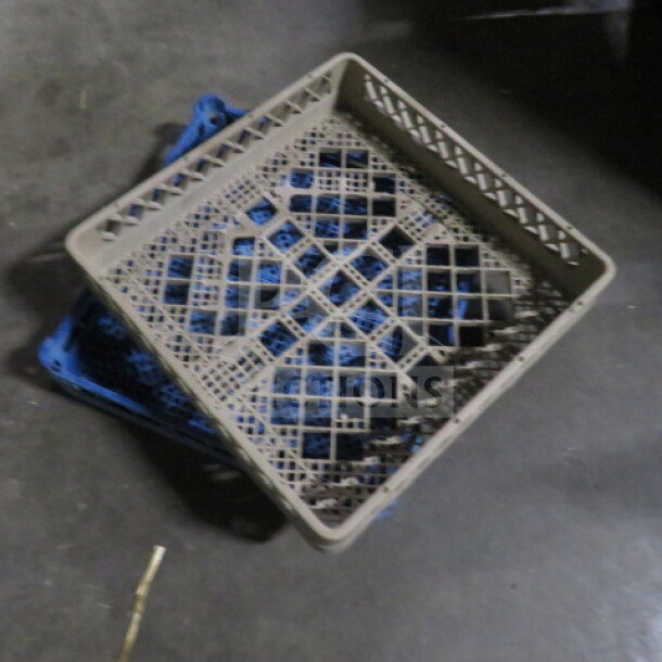 Flatware dishwasher rack 2XBID, beige and blue, lattice design, used condition, shows some wear.