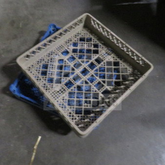 Flatware dishwasher rack 2XBID, beige and blue, lattice design, used condition, shows some wear.