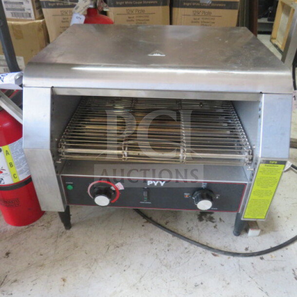 PYY Conveyor Toaster, Model# PYYASLJZH450SSUS, 120V. Features stainless steel body and dual control dials. Good condition.