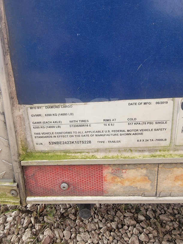 Diamond Cargo trailer label, dated 06/2019. GVWR: 6350 kg. Trailer type: 8.5 x 24 TA - 7000 lb, VIN: 53NBE2423K1075228.