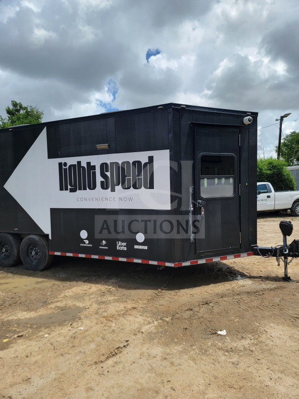 2021 SDG 8.5' x 20' mobile trailer with tandem-axle, 14,000 LB GVWR, POS workstation, branded "light speed."