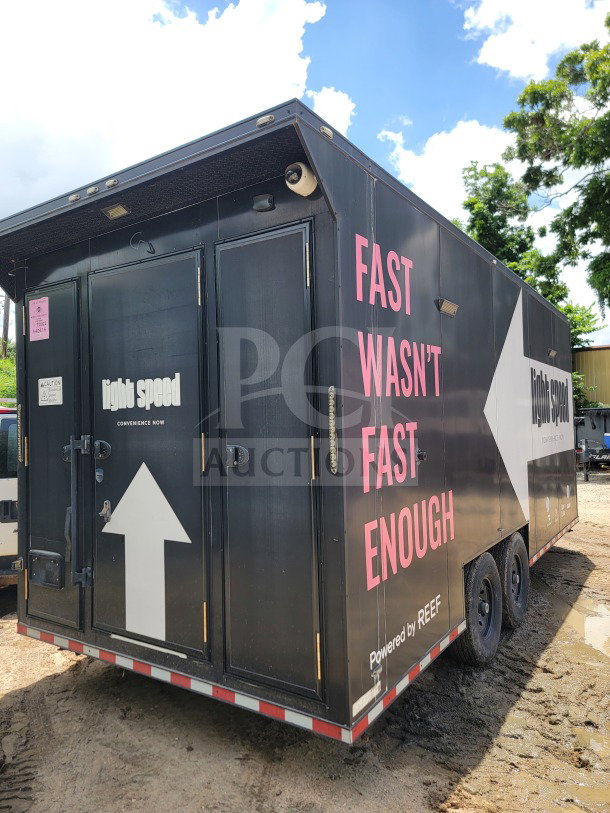 2021 SDG 8.5' x 20' tandem-axle trailer with branding, POS workstation, and freezers. 14,000 LB GVWR.