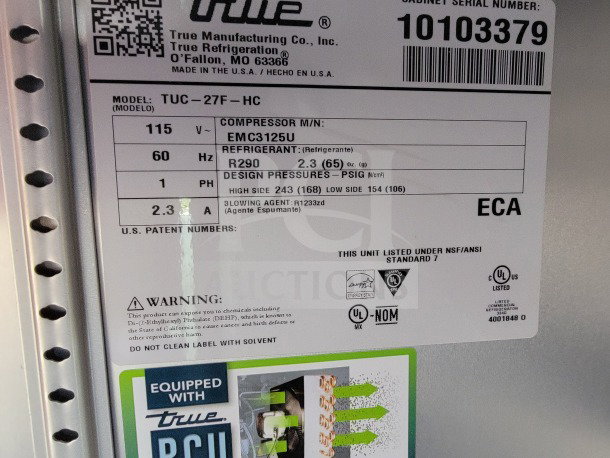Label on SDG mobile trailer refrigeration unit, Model TUC-27F-HC, indicating specs: 115V, R290 refrigerant, made in the USA.