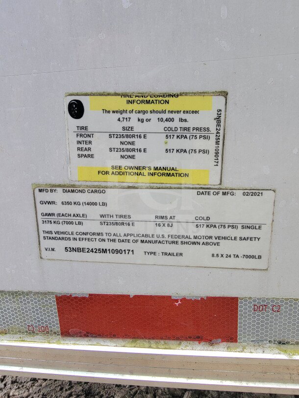 2021 Diamond Cargo mobile kitchen trailer, 8.5' x 24', tandem-axle, includes NAKS hood, Pitco fryers, True & Turbo Air refrigeration, VIN 53NBE2425M1090171.