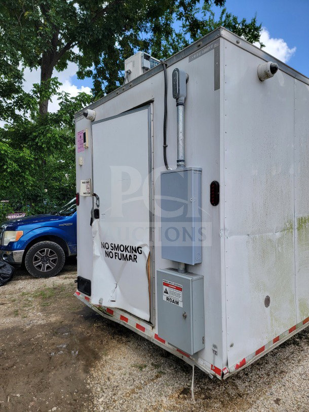 2021 Diamond Cargo 8.5' x 24' mobile kitchen trailer, visible exterior wear. "No Smoking" sign. VIN 53NBE2425M1090171.