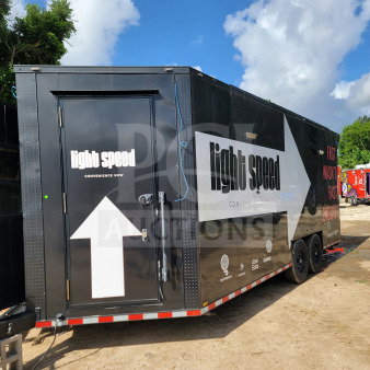 2021 SDG 8.5' x 20' dual-axle mobile kitchen trailer, black with "light speed" branding, equipped with CaptiveAire hood.