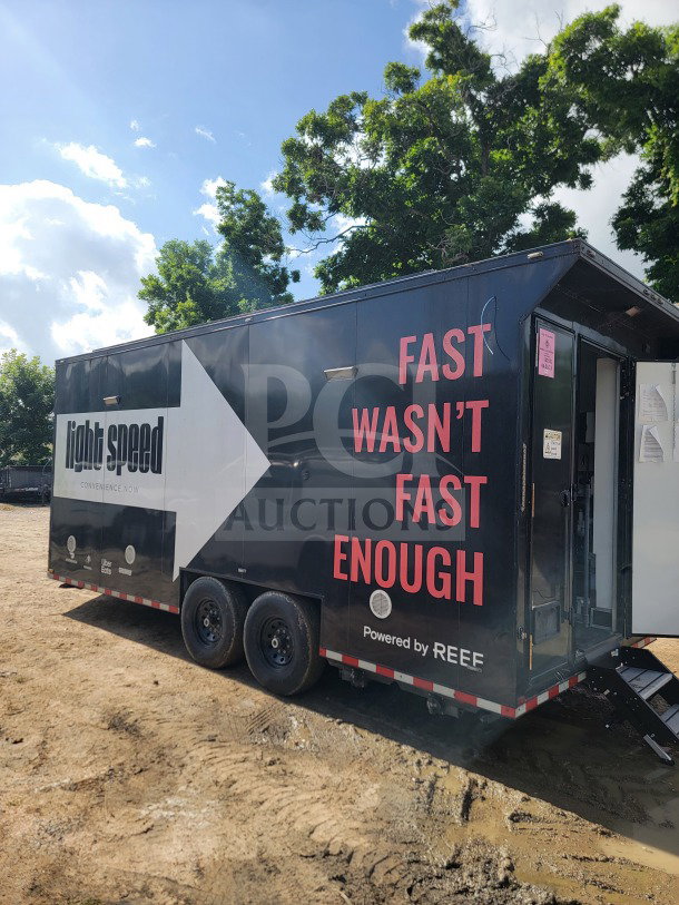 2021 Southern Dimensions Group 8.5' x 20' dual-axle mobile kitchen trailer with CaptiveAire hood, True refrigeration, and external branding.