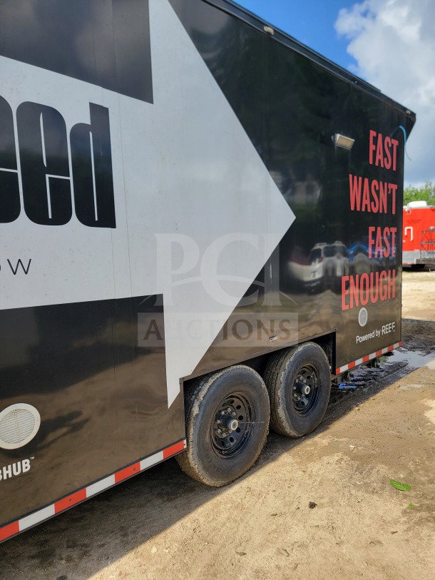2021 SDG 8.5' x 20' dual-axle mobile kitchen trailer, black exterior, CaptiveAire hood, True refrigeration, VIN 4S9S1EF20MW364522.