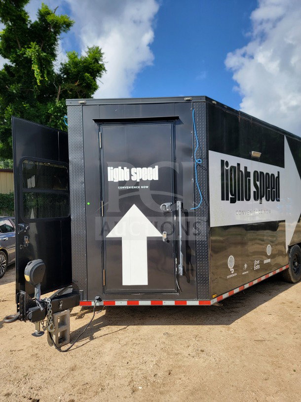 2021 SDG mobile kitchen trailer, 8.5'x20', dual-axle, CaptiveAire hood, True refrigeration. "light speed" branding.