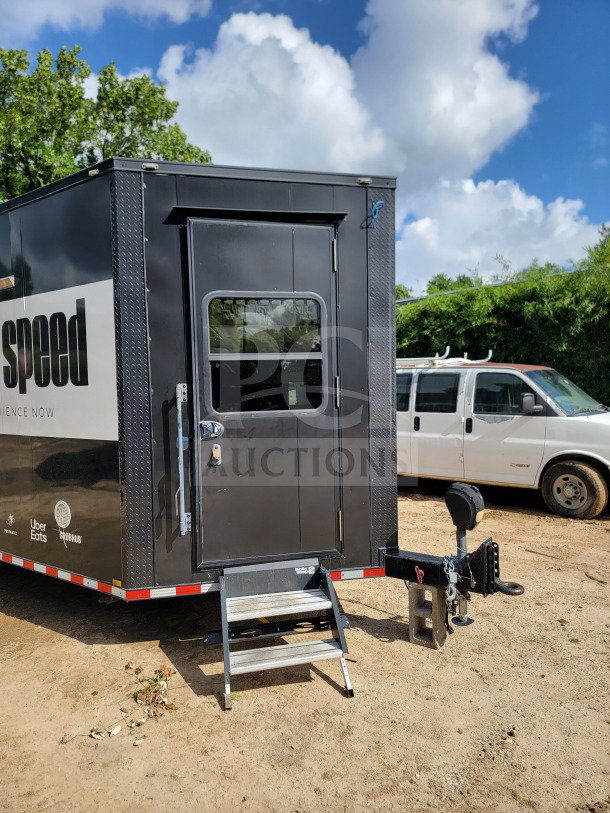 2021 SDG 8.5' x 20' dual-axle mobile kitchen trailer in black, featuring CaptiveAire hood, True refrigeration, VIN 4S9S1EF20MW364522.