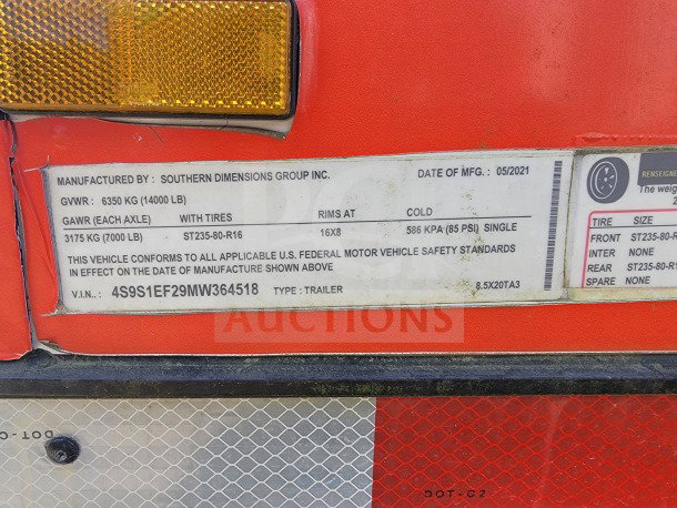 2021 SDG 8.5' x 20' double-axle trailer label, featuring VIN 4S9S1EF29MW364518, 14,000 lbs GVWR, type: 8.5X20TA3.