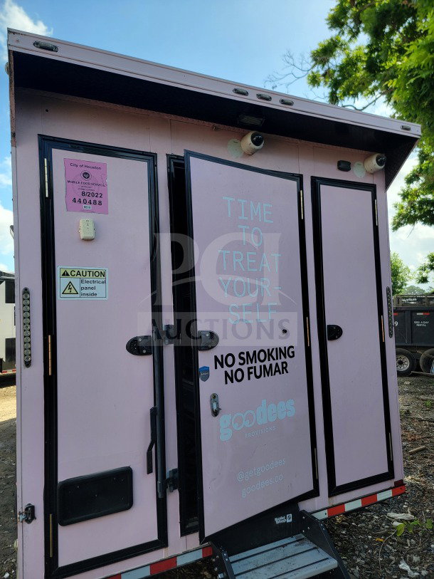 SDG 8.5' x 20' mobile trailer, pink exterior with "Time to Treat Yourself" text, food service permit, electrical caution label.