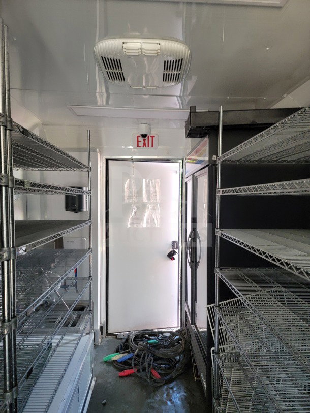 2021 SDG 8.5' x 20' trailer, double-axle, interior with metal shelving, True Refrigeration, 120/208V 3-phase, commercial use.