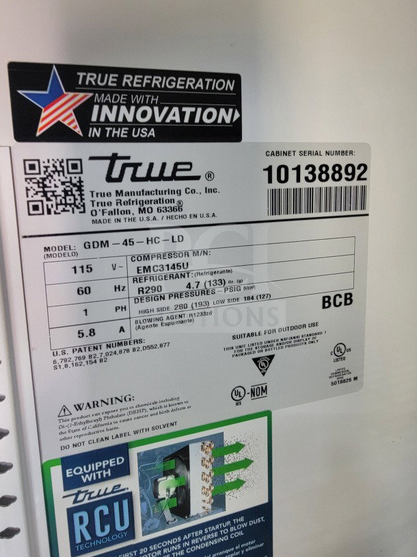 Label on 2021 SDG 8.5' x 20' trailer showing True Refrigeration details: model GDM-45-HC-LD, compressor EMC3145U, refrigerant R290.