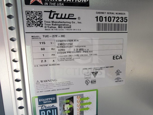 2021 SDG 8.5' x 20' mobile trailer tag, showing True Refrigeration specs: Model TUC-27F-HC, 115V, R290 refrigerant.