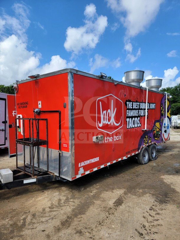2021 Rock Solid Cargo 8.5' x 24' dual-axle mobile kitchen trailer, vibrant red, with CaptiveAire hood; excellent condition.