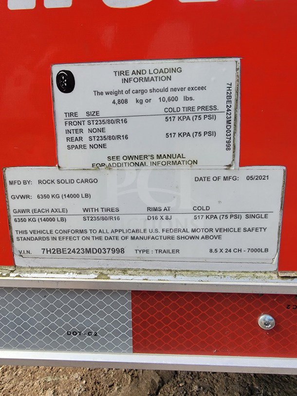2021 Rock Solid Cargo 8.5' x 24' mobile kitchen trailer label with tire and loading info, VIN 7H2BE2423MD037998.