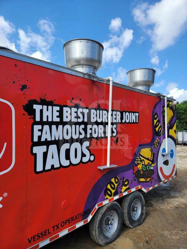 LOT #5 Rock Solid Cargo 8.5' x 24' mobile kitchen trailer with dual-axle, graphics, and CaptiveAire hood system.