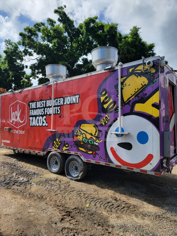 2021 Rock Solid Cargo 8.5' x 24' mobile kitchen trailer with CaptiveAire hood, custom branding, dual-axle, and refrigeration units.