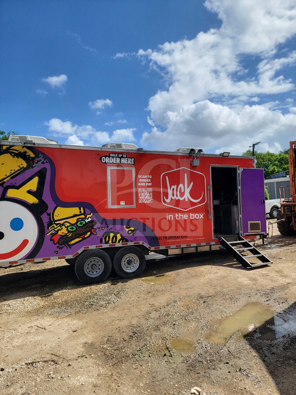 2021 Rock Solid Cargo 8.5' x 24' dual-axle mobile kitchen trailer with vibrant exterior graphics; features CaptiveAire hood, True & Hoshizaki refrigeration; VIN 7H2BE2423MD037998.