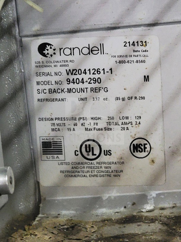 Label on Randell refrigeration unit, Model 9404-290. Serial No: W2041261-1. UL and NSF listed. Made in the USA.