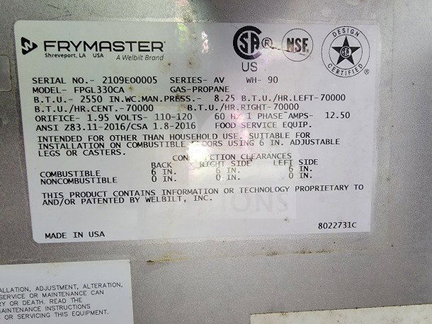 Frymaster label on a gas propane model FPGL330CA, showing technical details and installation requirements.