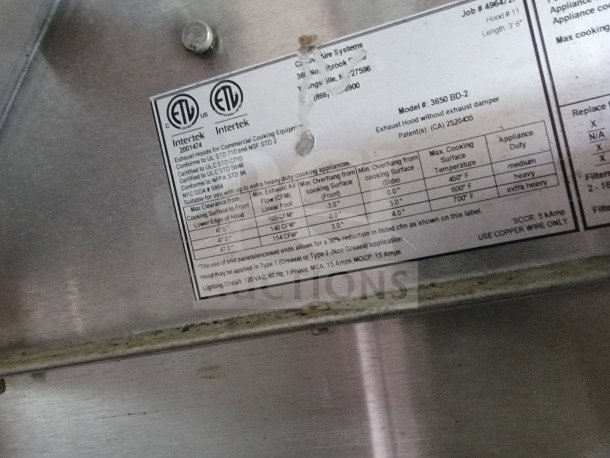 Label on CaptiveAire exhaust hood in 2021 Rock Solid Cargo trailer, model 3650 BD-2, showing cooking and installation specs.