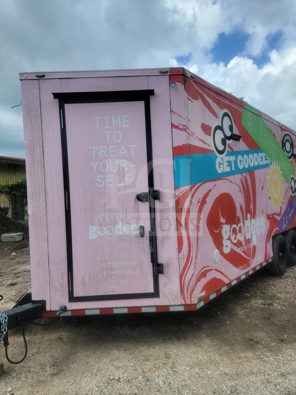 2021 SDG 8.5' x 20' dual-axle trailer with custom cold-chain storage, True glass-door refrigeration, @getgoodees branding.