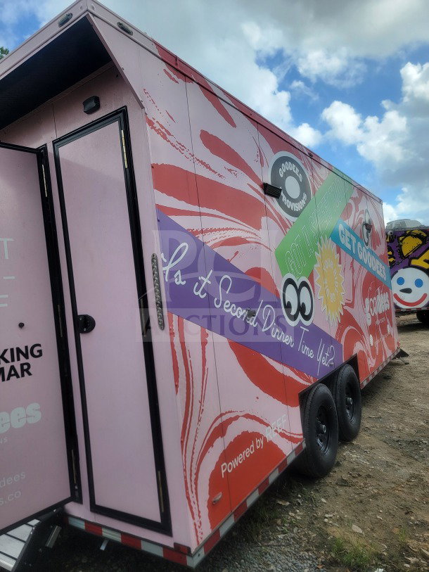 2021 SDG 8.5' x 20' dual-axle mobile trailer, custom cold-chain storage, vibrant graphics, glass-door refrigeration.