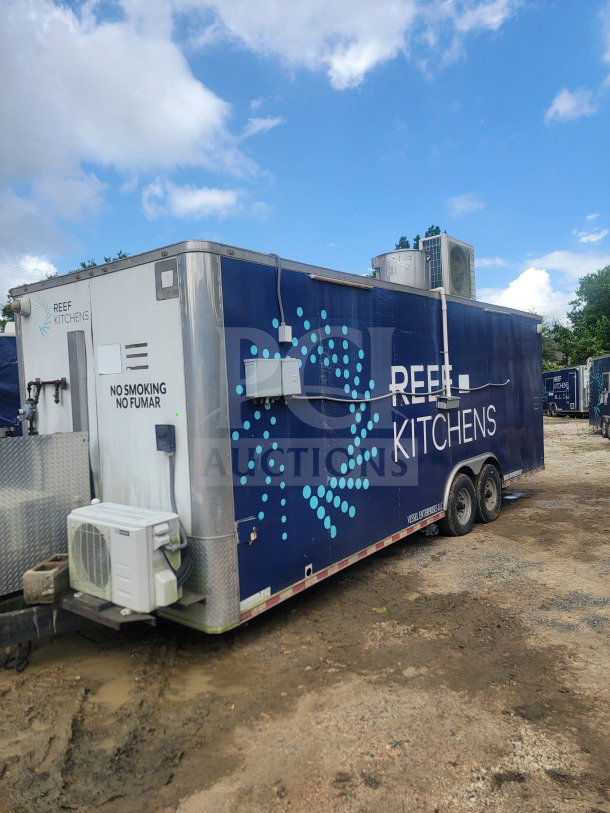 2021 Rock Solid Cargo 8.5' x 24' dual-axle mobile ghost kitchen trailer, blue, featuring Serv-Ware and American Range equipment.