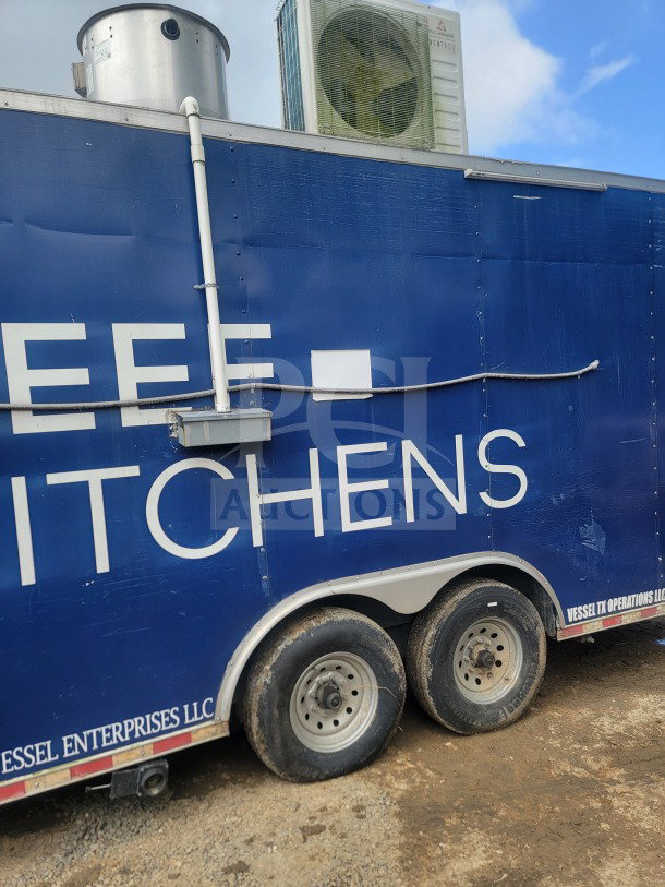 2021 Rock Solid Cargo 8.5' x 24' dual-axle mobile kitchen trailer with blue exterior; features refrigeration, fry line.