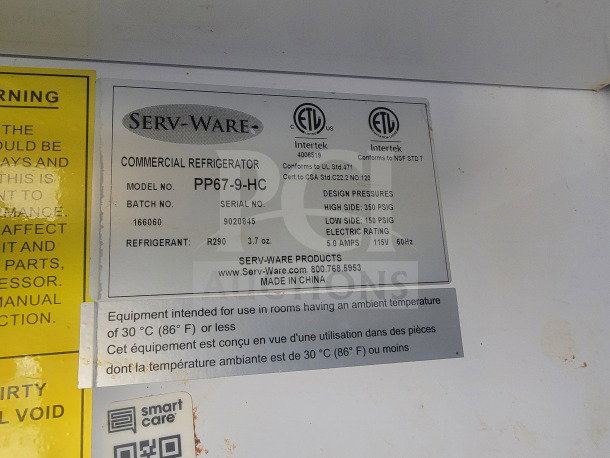 Alt text: Serv-Ware model PP67-9-HC commercial refrigerator label with specifications including refrigerant type, design pressures, and electric rating.