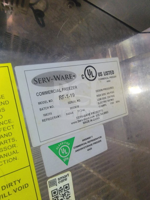 Serv-Ware Commercial Freezer RF-1-19 label, UL listed. Batch No. 903316, R404A refrigerant, made in China.