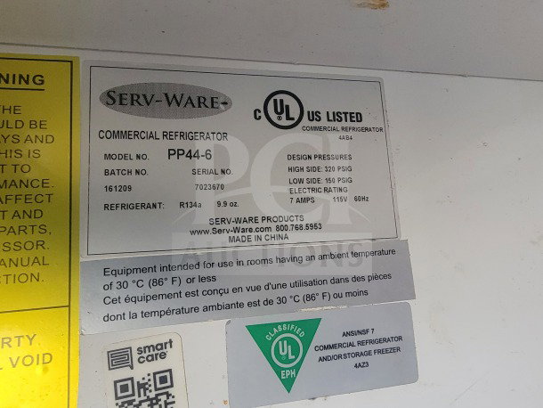 Serv-Ware commercial refrigerator label, model PP44-6, serial 7023670, UL listed. Refrigerant R134a, 115V, 7 amps.