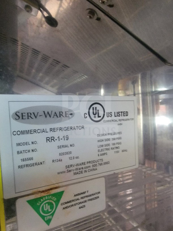 Serv-Ware commercial refrigerator label showing model RR-1-19, with UL and NSF certification marks.