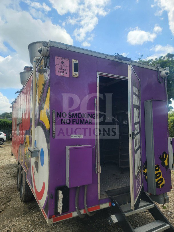 2021 Titanium Cargo 8.5' x 24' food service trailer, dual-axle, purple exterior, CaptiveAire ventilation, City of Houston mobile food service permit visible.