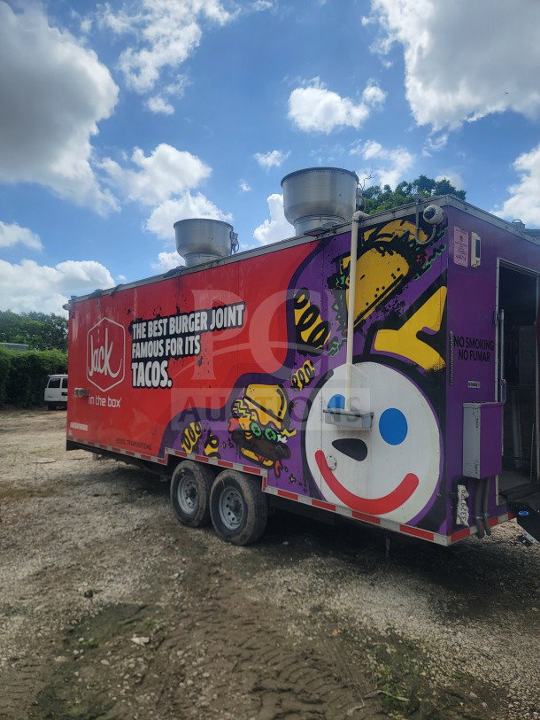 2021 Titanium Cargo 8.5' x 24' dual-axle QSR kitchen trailer with CaptiveAire ventilation and vibrant branding graphics.