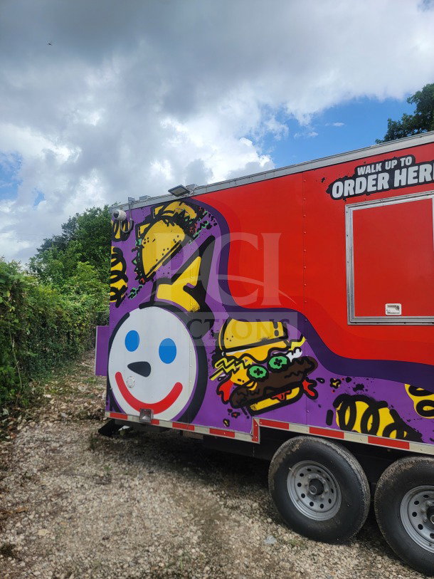 2021 Titanium Cargo 8.5' x 24' mobile QSR kitchen trailer, dual-axle, CaptiveAire ventilation, vibrant graphic design.