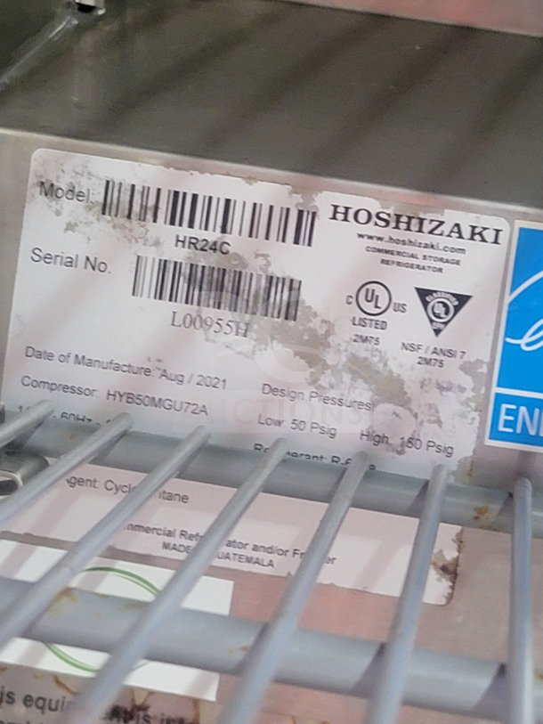 Label on Hoshizaki HR24C model. Serial number: L0095H. Manufactured August 2021. Compressor: HYB50MGU72A.