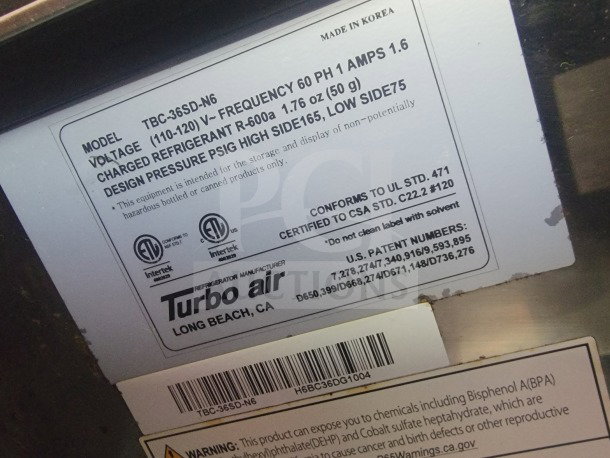 Label of Turbo Air refrigeration, model TBC-36SD-N6, voltage 110-120V, with certifications and patent numbers. Made in Korea.