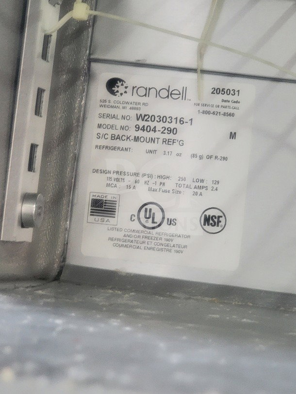 Label on Randell refrigeration unit, serial W2030316-1, model 9404-290, using R-290 refrigerant, UL and NSF certified.